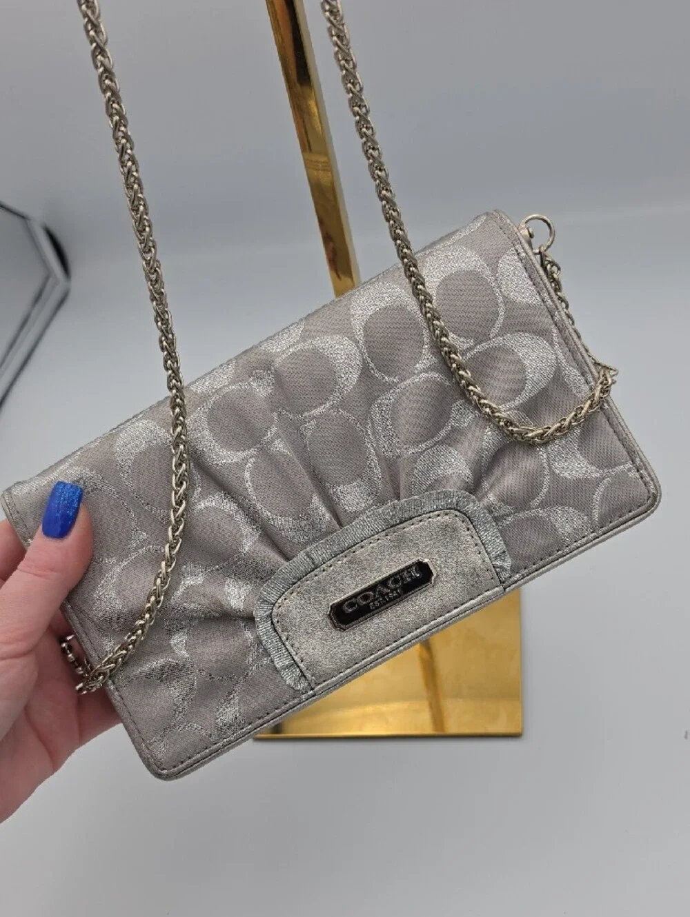 Coach Silver Metallic Shine Signature Mono Small Chain Crossbody/Wallet (EUC)🩶